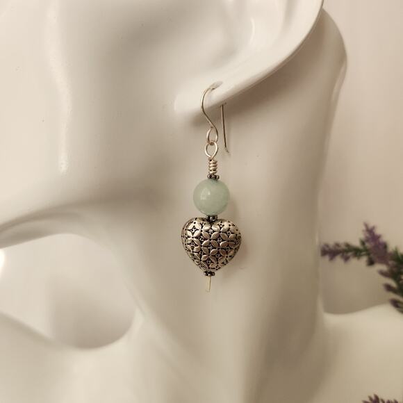 Amazonite Stone Silver Heart Dangle Earrings - Picture 2 of 8